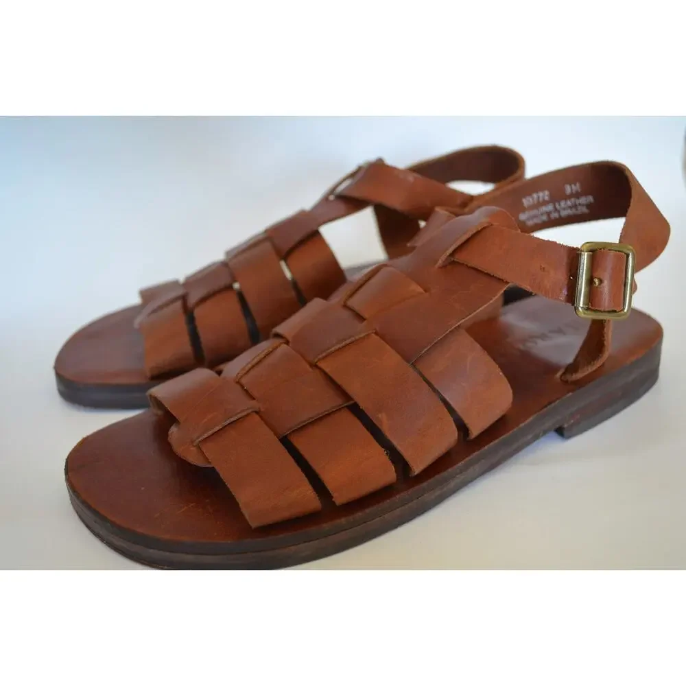 T Strap Leather Woven Fisherman Sandals Size 9M